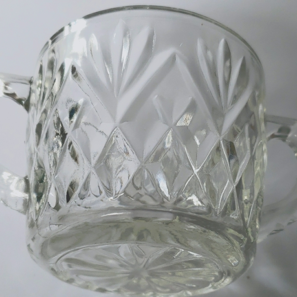 Vintage clear cut glass double handled sugar bowl